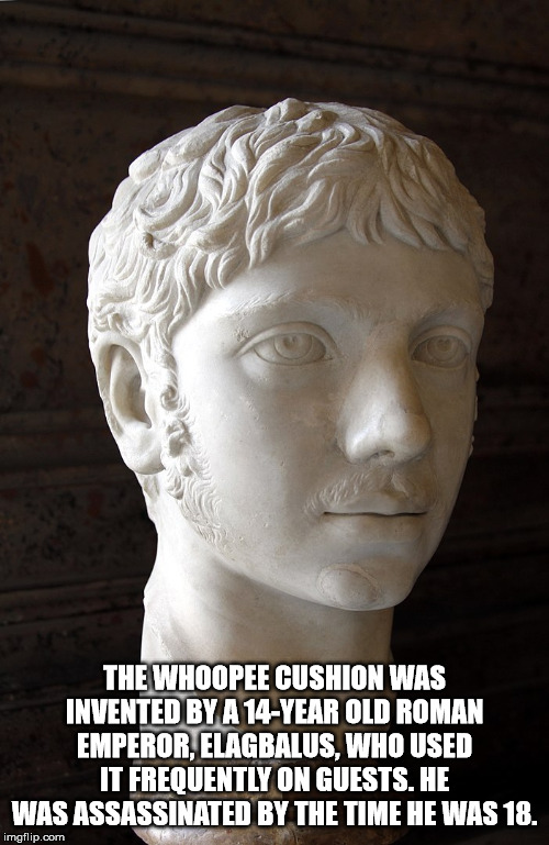 The Whoopee Cushion Was Invented By A 14Year Old Roman Emperor, Elagbalus, Who Used It Frequently On Guests. He Was Assassinated By The Time He Was 18. imgflip.com