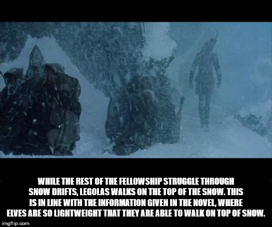 dawg i heard you like - While The Rest Of The Fellowship Struggle Through Snow Drifts, Legolas Walks On The Top Of The Snow. This Is In Une With The Information Given In The Novel Where Elves Are So Lightweight That They Are Able To Walk On Top Of Snow. i