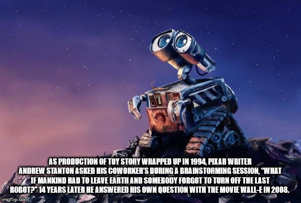 As Production Of Toy Story Wrapped Up In 1994, Pikar Writer Andrew Stanton Asked His Coworker'S During A Brainstorming Session, What If Mankind Had To Leave Earth And Somebody Forgot To Turn Off The Last Robot?" 14 Years Later He Answered His Own Question