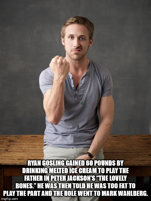 ryan gosling hey girl meme - Ryan Gosling Gained 60 Pounds By Drinking Melted Ice Cream To Play The Father In Peter Jackson'S 'The Lovely Bones." He Was Then Told He Was Too Fatto Play The Part And The Role Went To Mark Wahlberg. imgflip.com