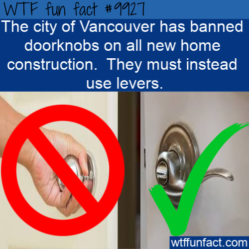 hand - Wtf fun fact The city of Vancouver has banned doorknobs on all new home construction. They must instead use levers. wtffunfact.com