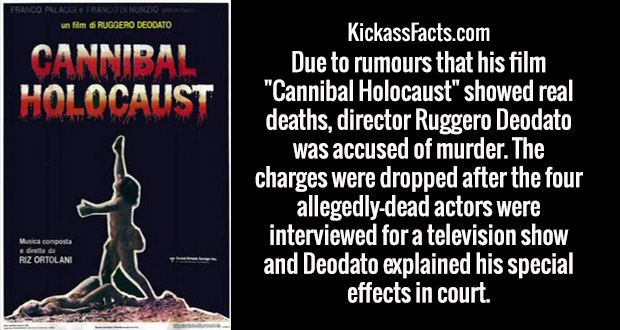 poster - Franco Palagranlununzi un film di Ruggero Deodato Cannibal Holocaust KickassFacts.com Due to rumours that his film "Cannibal Holocaust" showed real deaths, director Ruggero Deodato was accused of murder. The charges were dropped after the four…