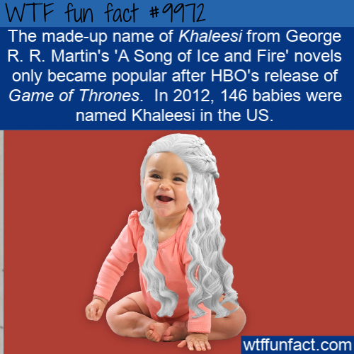 khaleesi - Wtf fun fact The madeup name of Khaleesi from George R. R. Martin's 'A Song of Ice and Fire' novels only became popular after Hbo's release of Game of Thrones. In 2012, 146 babies were named Khaleesi in the Us. wtffunfact.com