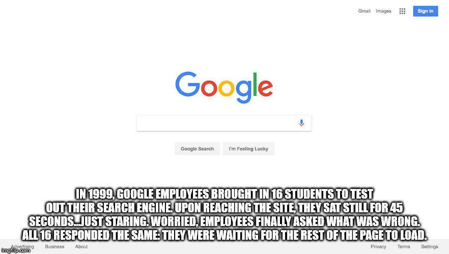 google logo - Gmail Images Sign in Google Google Search I'm Feeling Lucky In 1999. Google Employees Brought In 16 Students To Test Out Their Search Engine. Upon Reaching The Site They Sat Still For 45 Secondslust Staring. Worried. Employees Finally Asked