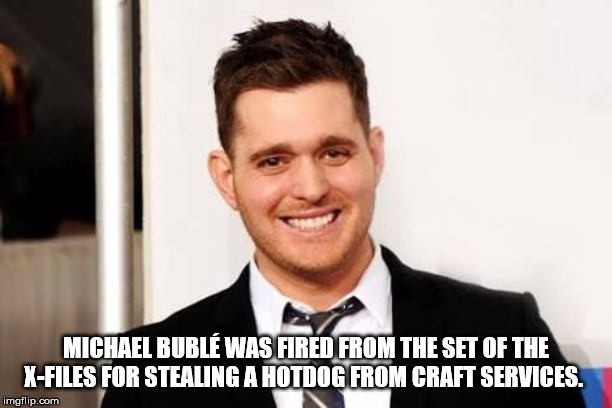 michael buble meme - Michael Bubl Was Fired From The Set Of The XFiles For Stealing A Hotdog From Craft Services. imgflip.com