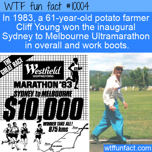 competition - Wtf fun fact In 1983, a 61yearold potato farmer Cliff Young won the inaugural Sydney to Melbourne Ultramarathon in overall and work boots. 11tittttttt Iii The Great Race Westfield Shoppingtowns R . Ha Marathon"8314 |Syoney Lo Melbourne 11 $1