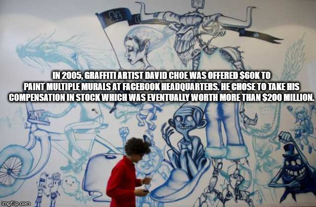david choe facebook headquarters - In 2005, Graffiti Artist David Choe Was Offered $60K To Paint Multiple Murals At Facebook Headquarters. He Chose To Take His Compensation In Stock Which Was Eventually Worth More Than $200 Million imgflip.com