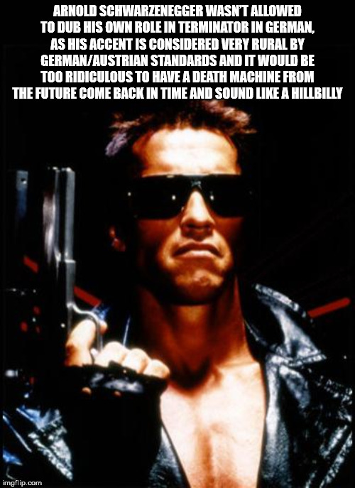 arnold schwarzenegger terminator - Arnold Schwarzenegger Wasnt Allowed To Dub His Own Role In Terminator In German, As His Accent Is Considered Very Rural By GermanAustrian Standards And It Would Be Too Ridiculous To Have A Death Machine From The Future C