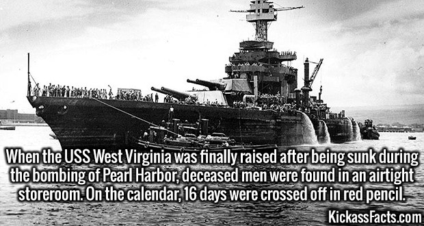 uss west virginia salvage - When the Uss West Virginia was finally raised after being sunk during the bombing of Pearl Harbor, deceased men were found in an airtight storeroom. On the calendar, 16 days were crossed off in red pencil. KickassFacts.com
