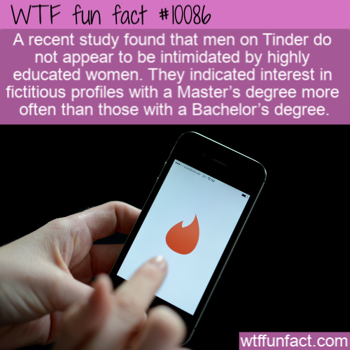 wtf fun facts 2019 - Wtf fun fact A recent study found that men on Tinder do not appear to be intimidated by highly educated women. They indicated interest in fictitious profiles with a Master's degree more often than those with a Bachelor's degree. wtffu