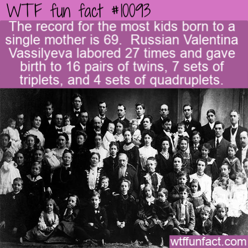 most babies - Wtf fun fact The record for the most kids born to a single mother is 69. Russian Valentina Vassilyeva labored 27 times and gave birth to 16 pairs of twins, 7 sets of triplets, and 4 sets of quadruplets. wtffunfact.com