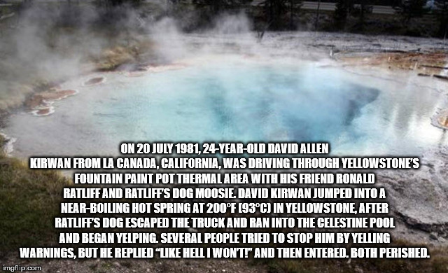 water resources - On ,24YearOld David Allen Kirwan From La Canada, California.Was Driving Through Yellowstone'S Fountain Paint Pot Thermal Area With His Friend Ronald Ratuff And Ratliff'S Dog Moosie. David Kirwan Jumped Into A NearBoiling Hot Spring At 20