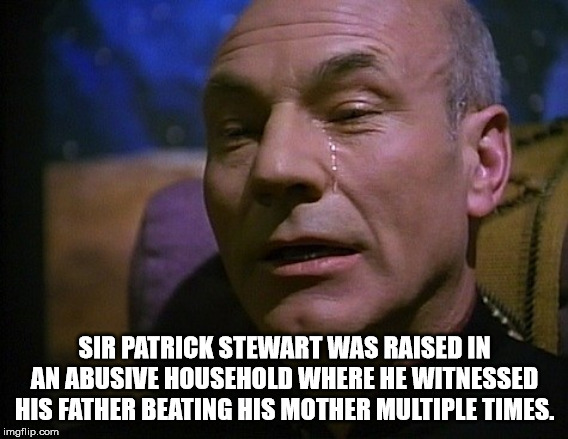 facial expression - Sir Patrick Stewart Was Raised In An Abusive Household Where He Witnessed His Father Beating His Mother Multiple Times. imgflip.com