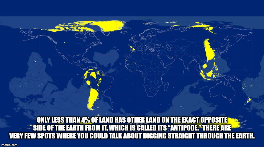 world - Only Less Than 4% Of Land Has Other Land On The Exact Opposite Le Side Of The Earth From It Which Is Called Its Antipode. There Are Very Few Spots Where You Could Talk About Digging Straight Through The Earth. imgflip.com