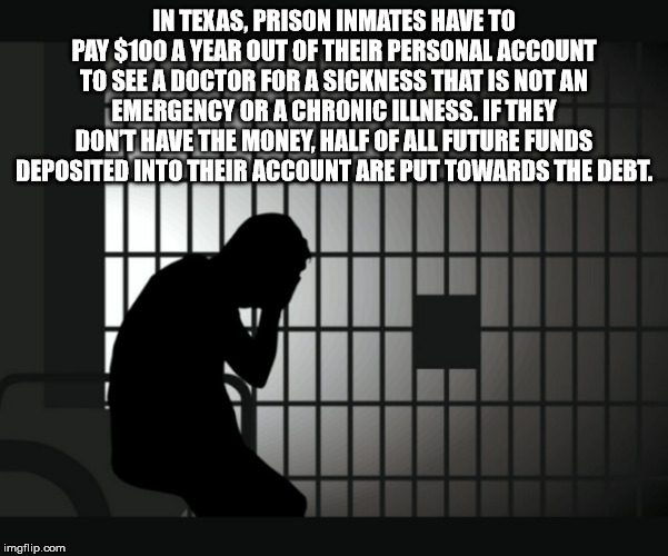 In Texas, Prison Inmates Have To Pay $100 A Year Out Of Their Personal Account To See A Doctor For A Sickness That Is Not An Emergency Or A Chronic Illness. If They Dont Have The Money Half Of All Future Funds Deposited Into Their Account Are Put Towards…
