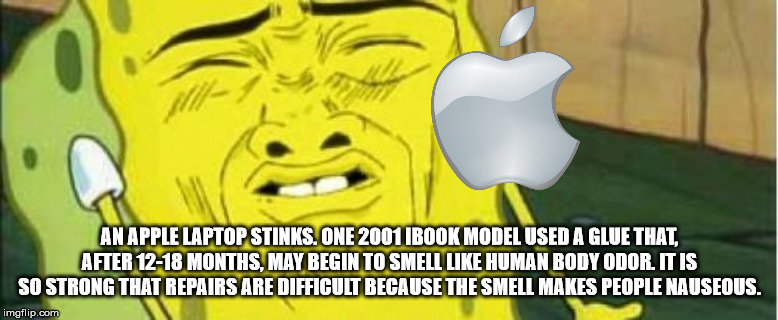 disgusted spongebob meme - An Apple Laptop Stinks. One 2001 Ibook Model Used A Glue That, After 1218 Months. May Begin To Smell Human Body Odor. It Is So Strong That Repairs Are Difficult Because The Smell Makes People Nauseous. imgflip.com