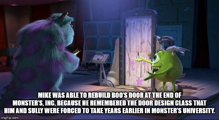 monsters inc broken door - Mike Was Able To Rebuild Boo'S Door At The End Of Monster'S, Inc. Because He Remembered The Door Design Class That Him And Sully Were Forced To Take Years Earlier In Monster'S University. imgflip.com