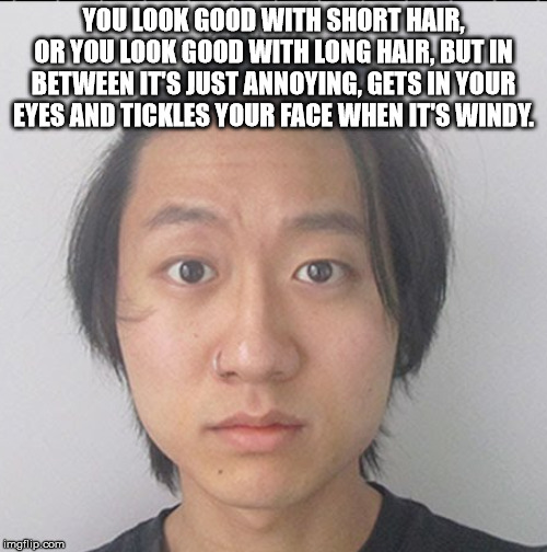 lip - You Look Good With Short Hair, Or You Look Good With Long Hair. Butun Between It'S Just Annoying. Gets In Your Eyes And Tickles Your Face When It'S Windy. imgillip.com