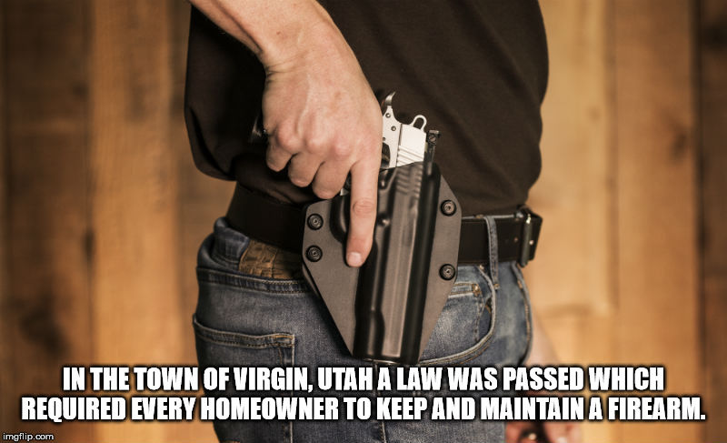 drawing a gun from a holster - In The Town Of Virgin, Utah A Law Was Passed Which Required Every Homeowner To Keep And Maintain A Firearm. imgflip.com