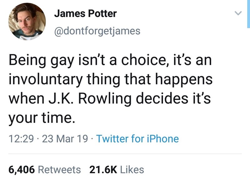 James Potter Being gay isn't a choice, it's an involuntary thing that happens when J.K. Rowling decides it's your time. 23 Mar 19 Twitter for iPhone 6,406