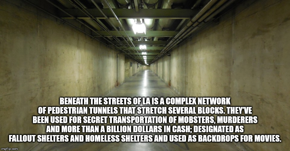 college liberal meme - Beneath The Streets Of La Is A Complex Network Of Pedestrian Tunnels That Stretch Several Blocks. They'Ve Been Used For Secret Transportation Of Mobsters, Murderers And More Than A Billion Dollars In Cash; Designated As Fallout Shel