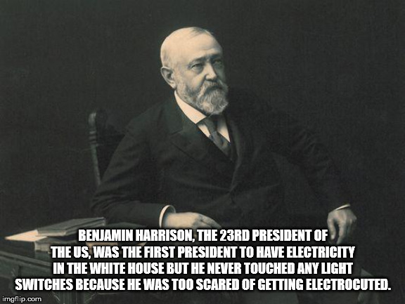 gentleman - Benjamin Harrison, The 23RD President Of The Us Was The First President To Have Electricity In The White House But He Never Touched Any Light Switches Because He Was Too Scared Of Getting Electrocuted. imgflip.com