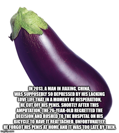 eggplant - In 2013, A Man In Jiaxing, China, Was Supposedly So Depressed By His Lacking Love Life That In A Moment Of Desperation, He Cut Off His Penis. Shortly After This Amputation, The 26YearOld Regretted The Decision And Rushed To The Hospital On His 