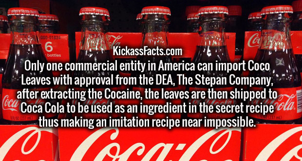 coca cola - 0000183 6 e ! Kickass Facts.com Only one commercial entity in America can import Coco, Leaves with approval from the Dea, The Stepan Company, after extracting the Cocaine, the leaves are then shipped to oca Coca Cola to be used as an ingredien