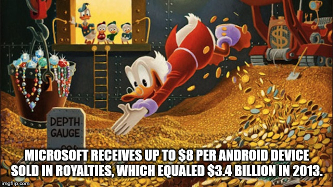 scrooge mcduck money swim - Depth Gauge Microsoft Receives Up To $8 Per Android Device Sold In Royalties, Which Equaled $3.4 Billion In 2013. imgflip.com