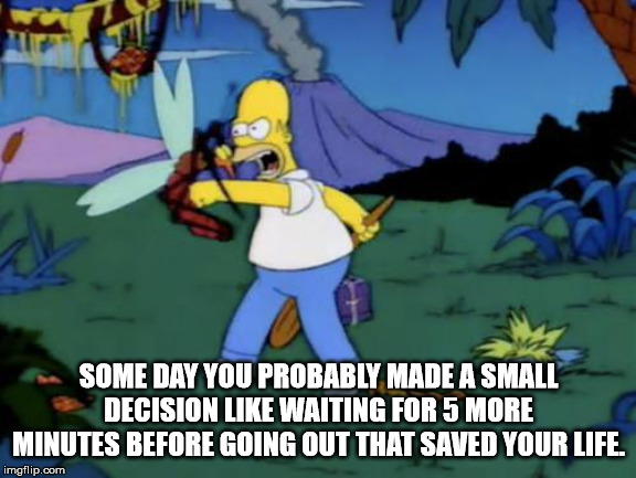 homer simpson time travel - Some Day You Probably Made A Small Decision Waiting For 5 More Minutes Before Going Out That Saved Your Life, imgflip.com