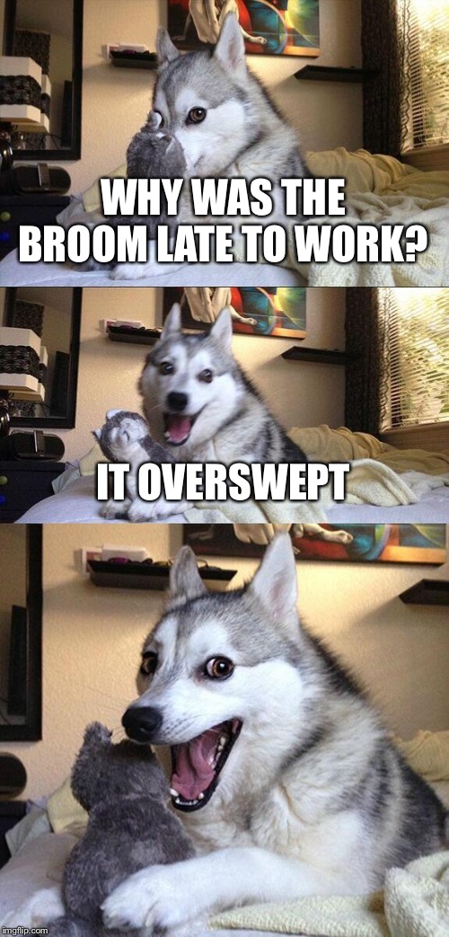 funny joke dog meme - Why Was The Broom Late To Work? It Overswept imgflip.com