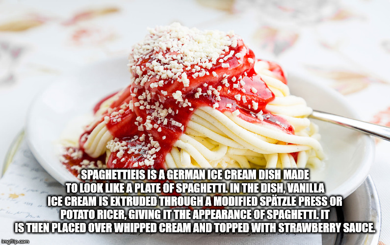 Spaghettieis Is A German Ice Cream Dish Made To Look A Plate Of Spaghettl In The Dish. Vanilla name Ice Cream Is Extruded Through A Modified Sptzle Press Or e mus Potato Ricer. Giving It The Appearance Of Spaghettlit Is Then Placed Over Whipped Cream And…