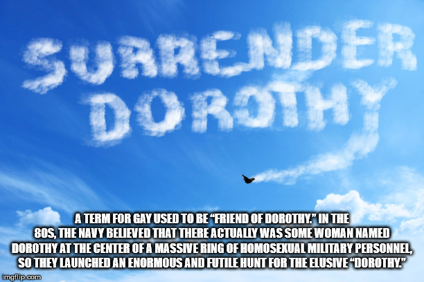 sky - Surrender Dorothy A Term For Gay Used To Be Friend Of Dorothy. In The 80S The Navy Believed That There Actually Was Some Woman Named Dorothy At The Center Of A Massive Ring Of Homosexual Military Personnel So They Launched An Enormous And Futile Hun