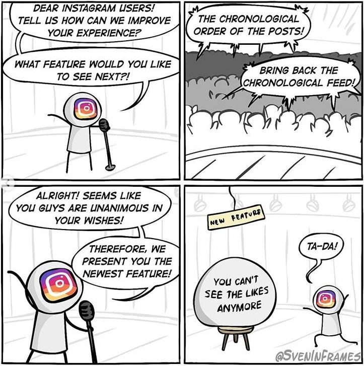 cartoon - Dear Instagram Users! Tell Us How Can We Improve Your Experience? The Chronological Order Of The Posts! What Feature Would You To See Next?! Bring Back The Chronological Feed! Alright! Seems You Guys Are Unanimous In Your Wishes! New Feature TaD