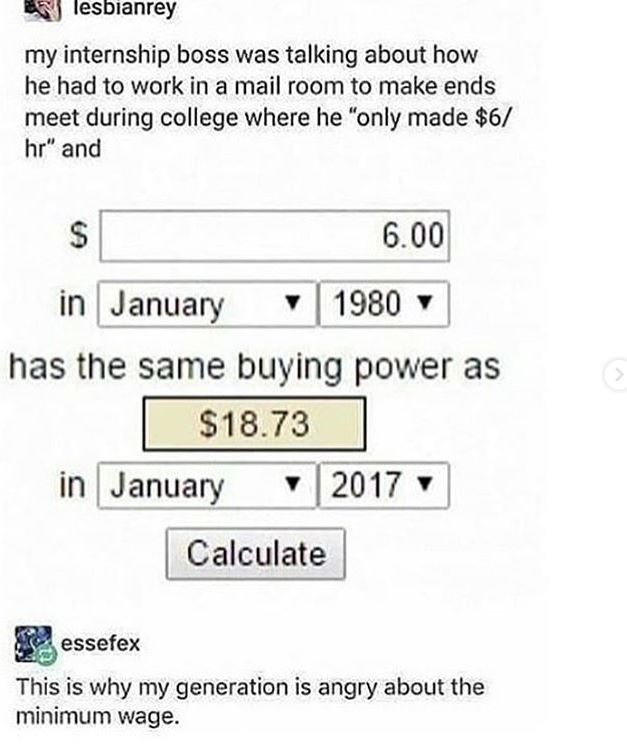 number - lesbianrey my internship boss was talking about how he had to work in a mail room to make ends meet during college where he "only made $6 hr" and $ 6.00 in has the same buying power as $18.73 in Calculate S essefex This is why my generation is an