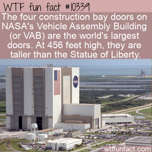 vehicle assembly building - Wtf fun fact The four construction bay doors on Nasa's Vehicle Assembly Building or Vab are the world's largest doors. At 456 feet high, they are taller than the Statue of Liberty. wtffunfact.com