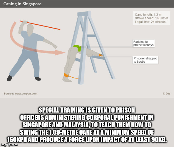 diagram - Caning in Singapore Cane length 1.2 m Stroke speed 160 kmh Legal limit 24 strokes Padding to protect kidneys Prisoner strapped to trestie Source Dw Special Training Is Given To Prison Officers Administering Corporal Punishment In Singapore And M