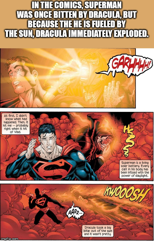 dracula vs superman - In The Comics, Superman Was Once Bitten By Dracula, But Because The He Is Fueled By The Sun, Dracula Immediately Exploded. At first, I didn't know what had happened. Then, it hit me probably right when it hit of Vlad. anno Superman i