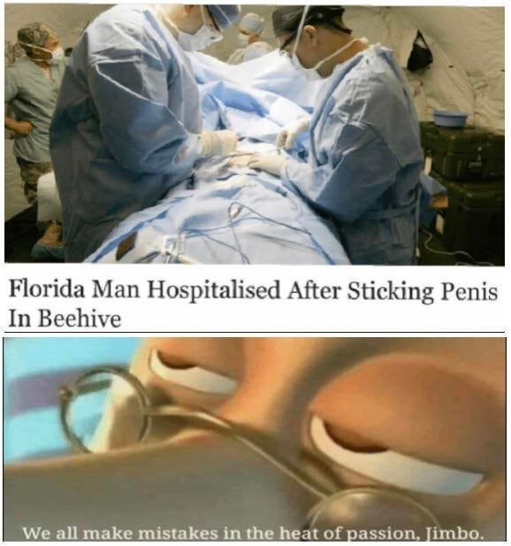 penis in beehive - Florida Man Hospitalised After Sticking Penis In Beehive We all make mistakes in the heat of passion, Jimbo.