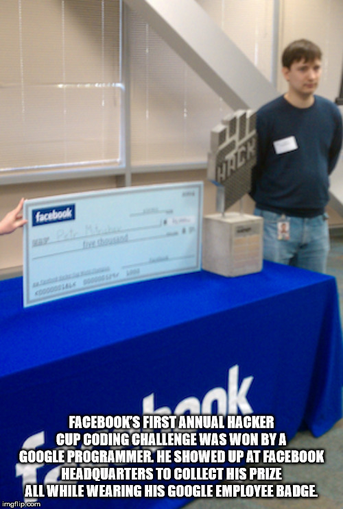 petr mitrichev - facebook Facebook'S First Annual Hacker Cup Coding Challenge Was Won By A Google Programmer. He Showed Up At Facebook Headquarters To Collect His Prize All While Wearing His Google Employee Badge, imgflip.com