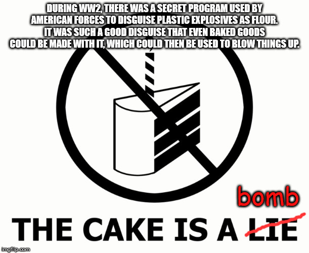 visionix - During WW2. There Was A Secret Program Used By American Forces To Disguise Plastic Explosives As Flour. It Was Such A Good Disguise That Even Baked Goods Could Be Made With It Which Could Then Be Used To Blow Things Up. bomb The Cake Is A Lie i