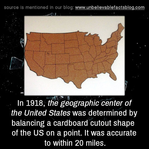 angle - source is mentioned in our blog In 1918, the geographic center of the United States was determined by balancing a cardboard cutout shape, of the Us on a point. It was accurate, to within 20 miles.