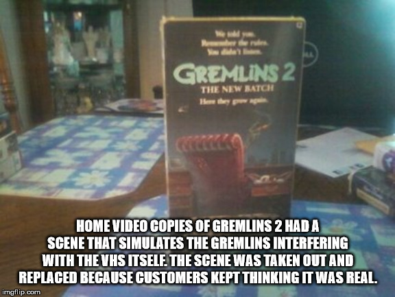 gremlins 2 - Gremlins 2 The New Batch Home Video Copies Of Gremlins 2 Hada Scene That Simulates The Gremlins Interfering With The Vhs Itself. The Scene Was Taken Out And Replaced Because Customers Kept Thinking It Was Real. imgflip.com
