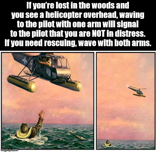 tactical meme incoming - If you're lost in the woods and you see a helicopter overhead, waving, to the pilot with one arm will signal to the pilot that you are Not in distress. If you need rescuing, wave with both arms. imgflip.com