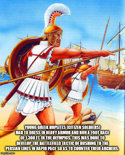 poster - Young Greek Hoplites Icitizen Soldiersi Had To Dress In Heavy Armor And Run A Foot Race Of 1.300 Fl In The Olympics. This Was Done To Develop The Battlefield Tactic Of Rushing To The Persian Unes In Rapid Pace So As To Counter Their Archers. imgf