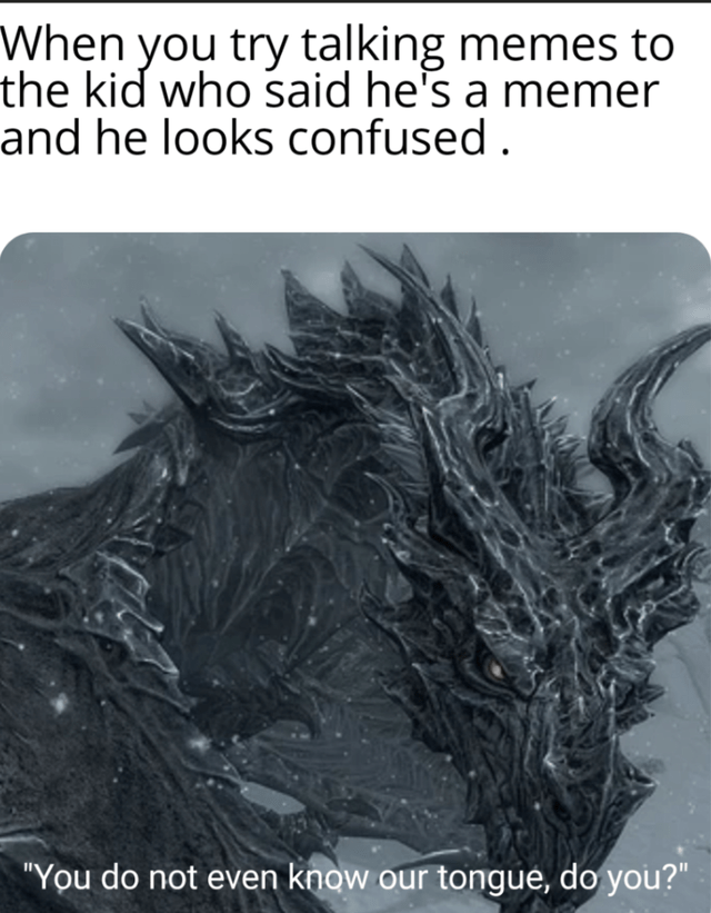 skyrim alduin skull - When you try talking memes to the kid who said he's a memer and he looks confused. "You do not even know our tongue, do you?"