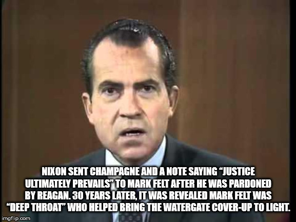 nixon sock it to me - Nixon Sent Champagne And A Note Saying Justice Ultimately Prevails" To Mark Felt After He Was Pardoned By Reagan. 30 Years Later. It Was Revealed Mark Felt Was "Deep Throat" Who Helped Bring The Watergate CoverUp To Light. imgflip.co