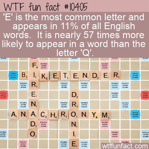 Wtf fun fact 'E' is the most common letter and appears in 11% of all English words. It is nearly 57 times more ly to appear in a word than the letter 'Q'. Score w B. I, K, E, T, E, N, D, E, R, R, D, son R, Poule A, N, A, C, H, Ro, N, Y z Z en E,…