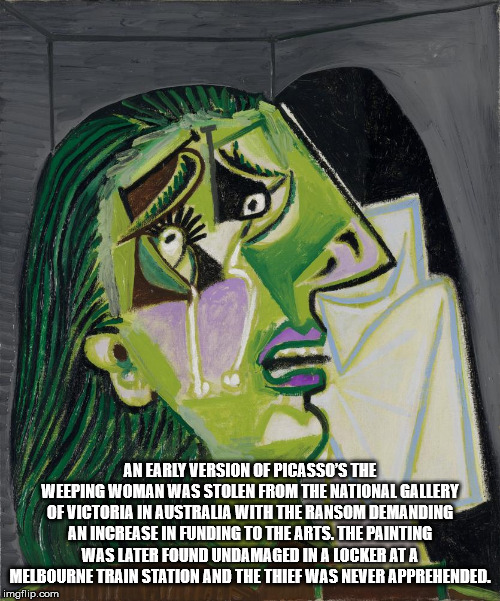 melbourne - An Early Version Of Picasso'S The Weeping Woman Was Stolen From The National Gallery Of Victoria In Australia With The Ransom Demanding An Increase In Funding To The Arts. The Painting Was Later Found Undamaged In A Locker Ata Melbourne Train 