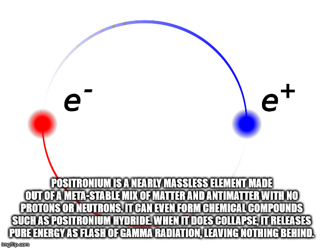 circle - Positronium Is A Nearly Massless Element Made Out Of A MetaStable Mix Of Matter And Antimatter With No Protons Or Neutrons. It Can Even Form Chemical Compounds Such As Positronium Hydride When It Does Collapse, It Releases Pure Energy As Flash Of